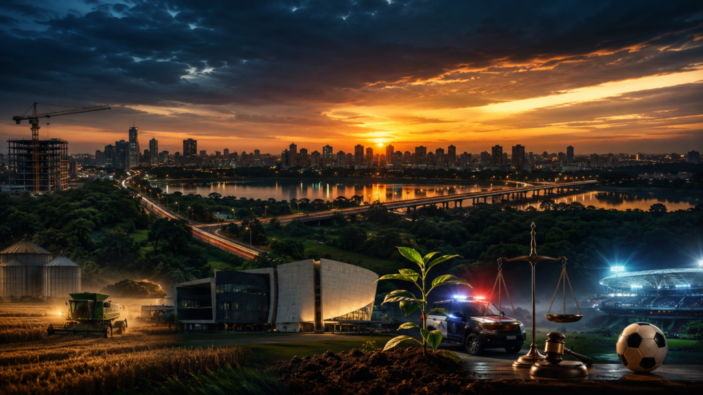 Panorama ilustrativo de Mato Grosso com cidade, agronegócio, justiça, segurança e futebol