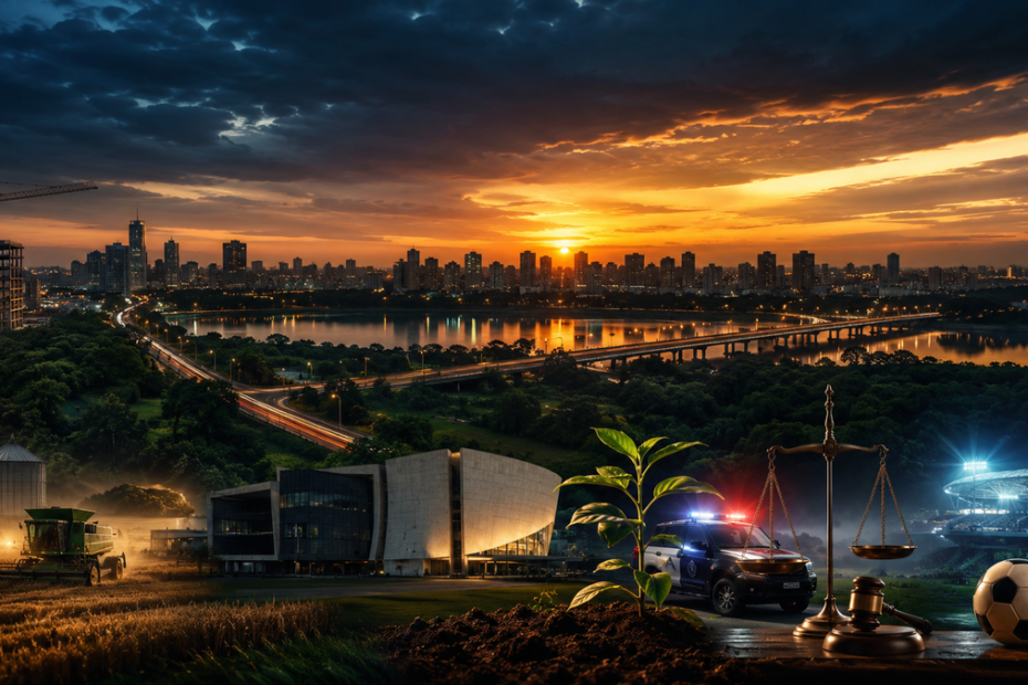Panorama ilustrativo de Mato Grosso com cidade, agronegócio, justiça, segurança e futebol