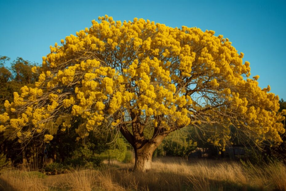 Ipê-amarelo florido em jardim residencial em Mato Grosso