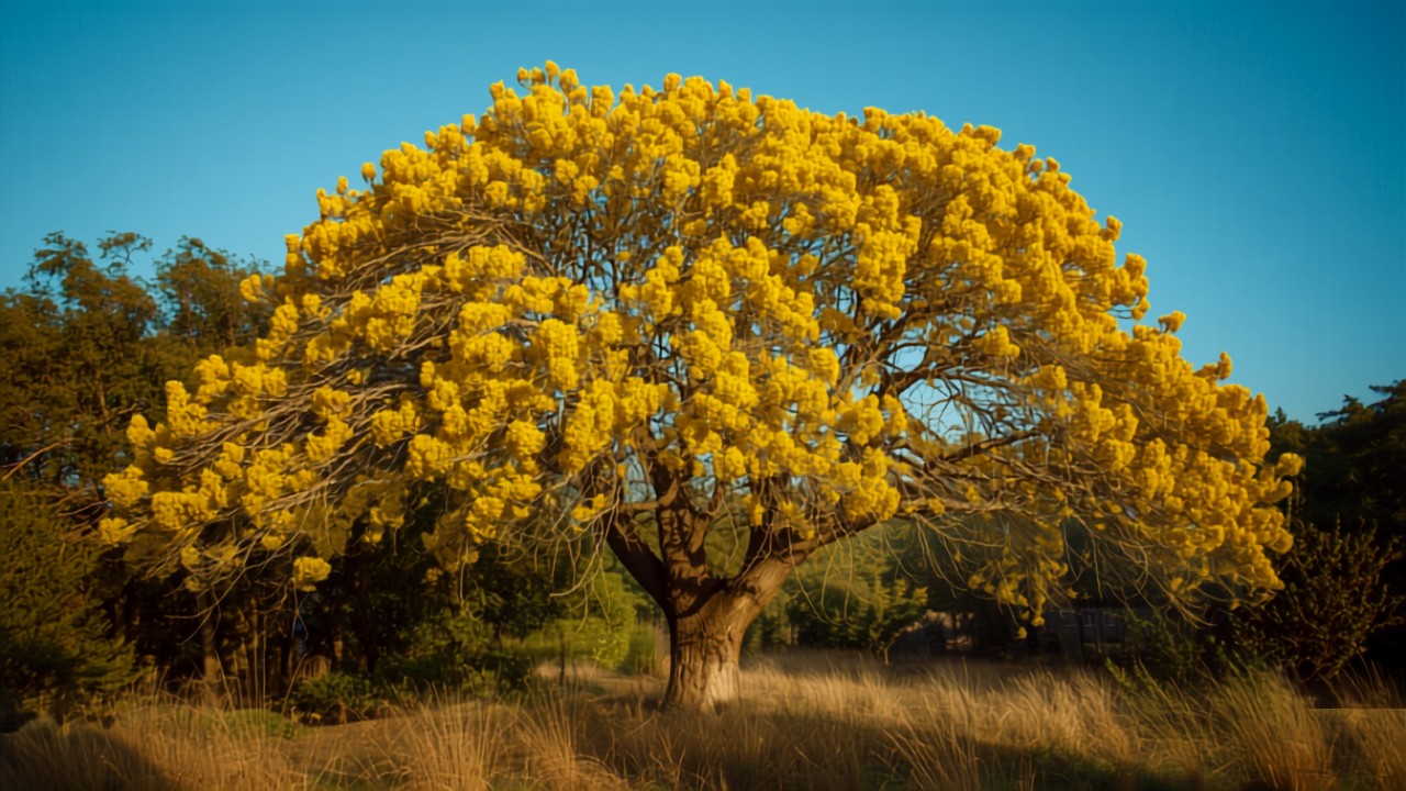 Ipê-amarelo florido em jardim residencial em Mato Grosso