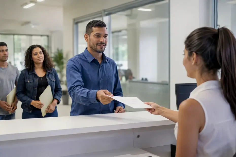 Trabalhadores entregam currículo em atendimento de emprego em Cuiabá
