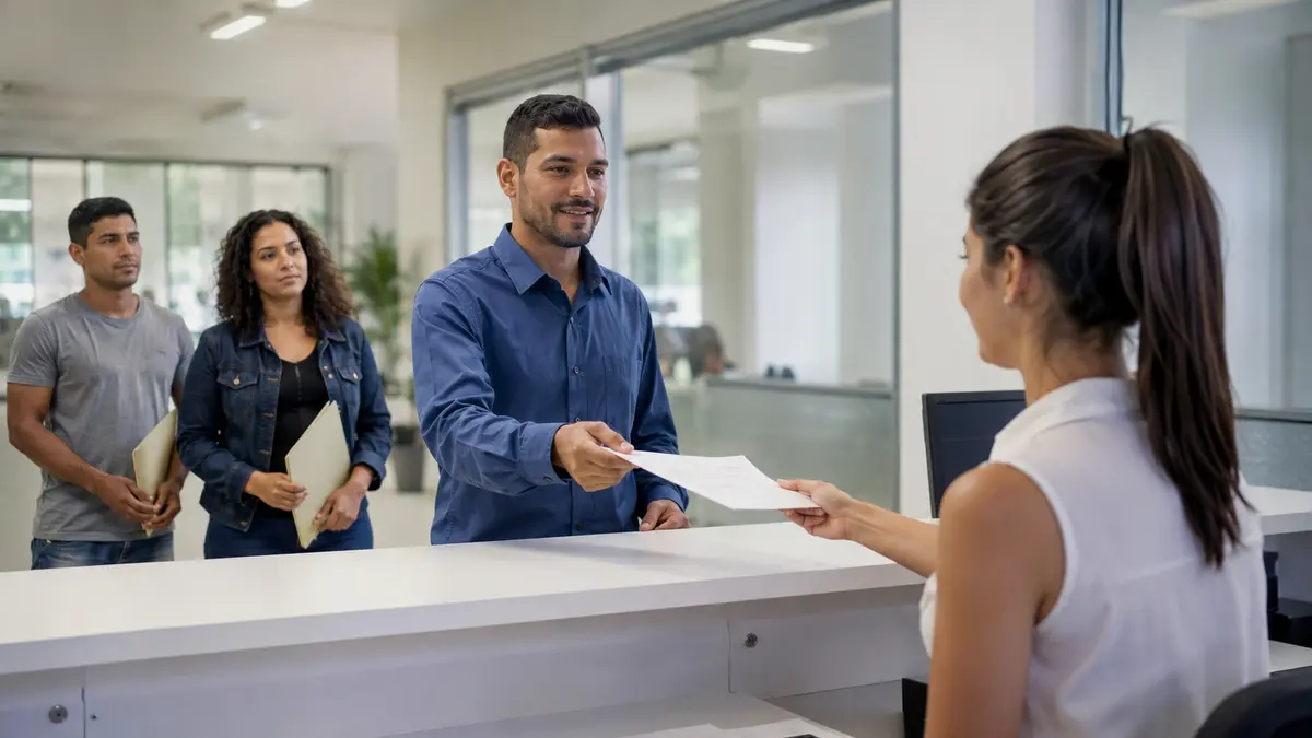 Trabalhadores entregando currículo em atendimento de emprego em Cuiabá